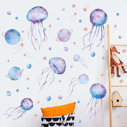 4 Sheets Starry Sky Jellyfish Wall Sticker Glow in The Dark Wall Stickers Planet Blue Luminous Wall Decals DIY Peel Stick Art Decor for Walls Ceiling Kids Bedroom Living Room Nursery Girls and Boys (Blue)
