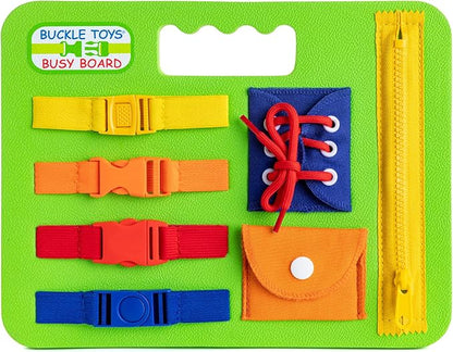 Buckle Toys Green Busy Board for 1 Year Old Toddlers Travel Essentials for Kids, Montessori Toys for 1 Year Old Baby to Develop Fine Motor Skills, Great for Road Trip Activities for Kids Sensory Toy