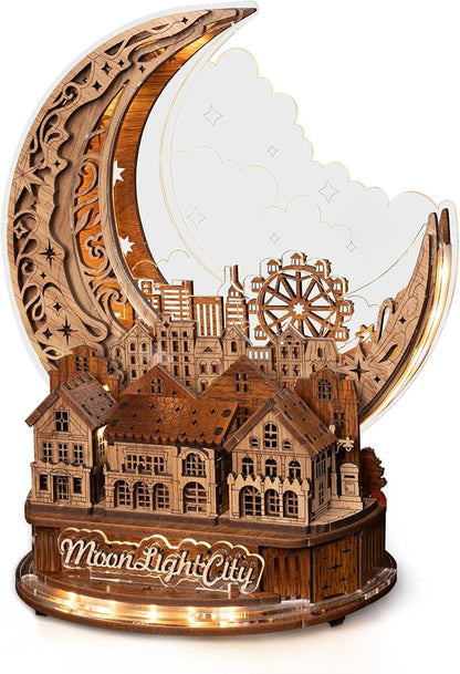 3D DIY Puzzle Moon City Model - LED 3D Wood Puzzle - 3D Wooden Puzzles for Adults Home Décor Gifts for Kids and Adults, Brown