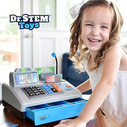 Dr. STEM Toys | Talking Toy Cash Register | STEM Learning 69 Piece Pretend Store with 3 Languages, Paging Microphone, Credit Card, Bank Card, Play Money and Banking for Kids (Silver)