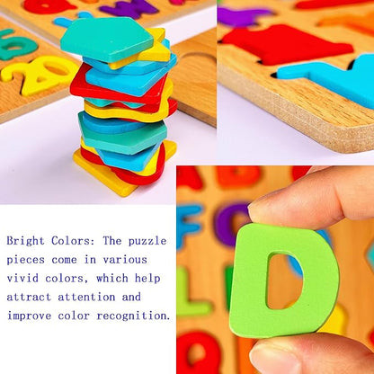 2PCS Wooden Alphabet & Shape Puzzles for Toddlers – Educational Learning Toy (Choose from 3 Combinations) (Alphabet & Shape)