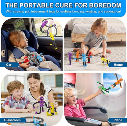 Robot Suction Cup Toys Pop Tubes | 6 PCS-Stretchy Sensory Fidget Toys for Kids Ages 3+ | Perfect for Travel, Party Favors,Autism, Stress Relief | Fun Robot-Shaped Suction Cup Toys
