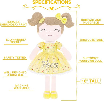 Gloveleya Personalized Doll with Embroidered Name - Floral Yellow Custom Plush Doll for Girls Cute Plush Doll Customized Gift - Muñecas de Trapo Personalizadas para Niñas
