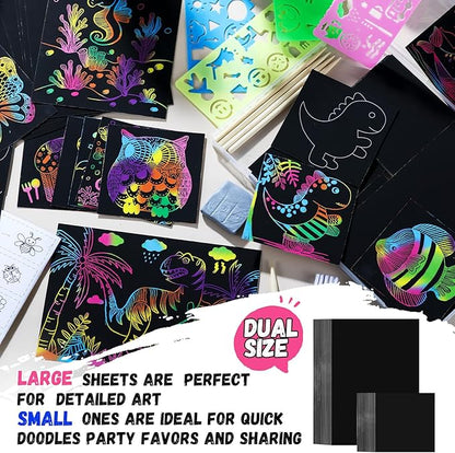 Scratch Art for Kids, Funtopia 100 Sheets Rainbow Scratch Paper, Black Scratch Off Paper Craft Kits, School Art Supplies Classroom Prizes Travel Toys Birthday Party Gifts, for Boys Girls ages 4-8 8-12