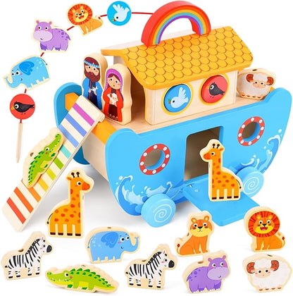 Toddlers Noah's Ark Toys with Wooden Animal Shape Sorters, Baptism Gifts for Girls Boys 2 3 4 Years Old, Montessori Educational Toys for Toddlers, Bible Story Book for Kids Ages 2-4
