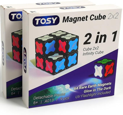 TOSY Magnet Cube 2x2 - 8 Blocks, 2 in 1 Toy: 2x2x2 Puzzle Cube and Customizable Infinity Cube, Glowing, UV Flashlight, Fidget/STEM/STEAM Magnet Tiles Birthday Gift for Kids/Teens/Adults, 2-Pack