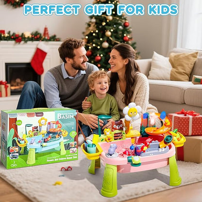 2026 Upgraded Toddler Sand Water Table Toy with Electric Water Pump, Kids Sand Water with Faucet/Play Food Accessories/Fishing Toy, Kitchen Play Sink Toys for Girl Boy Age 3+ (Pink)