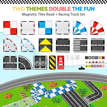 Magnetic Tiles Road Set & Racing Track Expansion Pack, Magnetic Blocks Building Toys for 3+ Year Old Boys Girls, STEM Magnetic Toys Magnetic Tiles for Toddlers 3-5 4-8