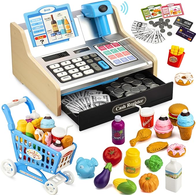 Wooden Cash Register for Kids with Shopping Cart Rechargeable Kid Cash Register with Scanner Gift for Kids Age 3 4 5 6 7 8 9 Year Old Pretend Play for Toddlers Toys for 3-12 Year Old Boys