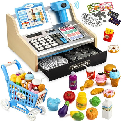 Wooden Cash Register for Kids with Shopping Cart Rechargeable Kid Cash Register with Scanner Gift for Kids Age 3 4 5 6 7 8 9 Year Old Pretend Play for Toddlers Toys for 3-12 Year Old Boys