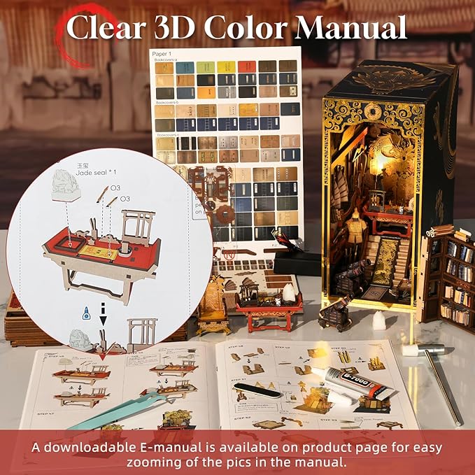 DIY Book Nook Kit, DIY Miniature Dollhouse Booknook Kit, 3D Wooden Puzzle Bookend Bookshelf Insert Decor with LED Light for Teens and Adults (The Emperor’s Study)