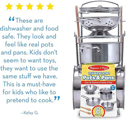 Melissa & Doug Stainless Steel Pots & Pans, 8 Piece Play Kitchen Set, Premium Play Kitchen Accessories & Cooking Utensils, Preschool Toys for Kids 3+