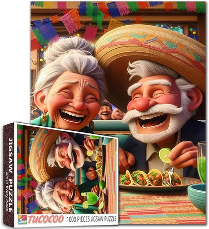 Laughing Old Couple Dining Fiesta 1000 Piece Jigsaw Puzzle for Adults and Students Fun Mexican Style Food Theme Colorful Cartoon Art Decor 20×27 Inches Relaxing Brain Challenge Gift