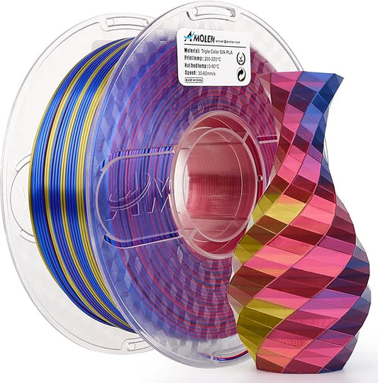AMOLEN Silk PLA 3D Printer Filament, Tri Color Red Yellow Blue PLA 1.75mm, Shiny Multi Color Change Filament 3D Printing PLA Filament for Most FDM 3D Printer, 1kg Spool(2.2lbs)