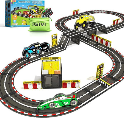 Magnetic Tiles Racing Track & Road Expansion Set with Magnet Car, Magnetic Block Building Toys Games for Toddler Kids, STEM Montessori Toys for 3+ Year Old Boys & Girls, Car Lovers Must Haves