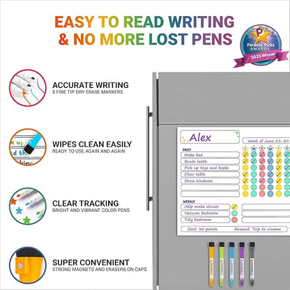 Magnetic Chore Charts for Multiple Kids & Adults - 3Pcs Chore Boards with 5 Fine Tip Dry Erase Markers - Behavior Charts - Responsibility & Reward Charts for Family Organization on Your Refrigerator