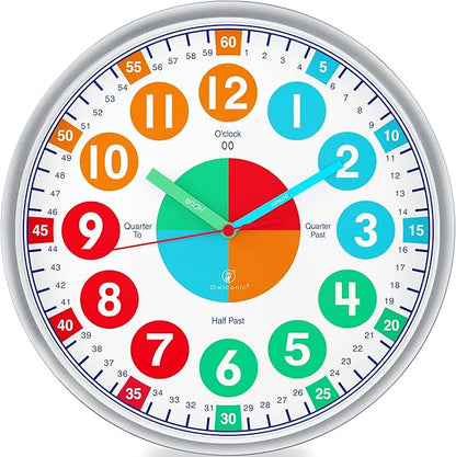 OWLCONIC Telling Time Teaching Clock for Kids - Educational Analog Wall Clock for Bedrooms, Playroom, Classroom Learning - Silent Kids Wall Clock for Learning to Tell Time
