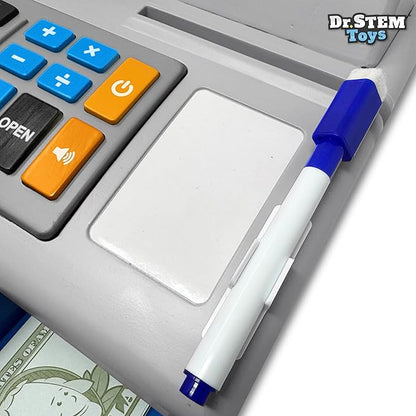 Dr. STEM Toys Solar Powered Calculator Pretend Cash Register with Play Money – 67-Piece Set for Learning Math Skills, STEM Cash Register for Kids (Gray)