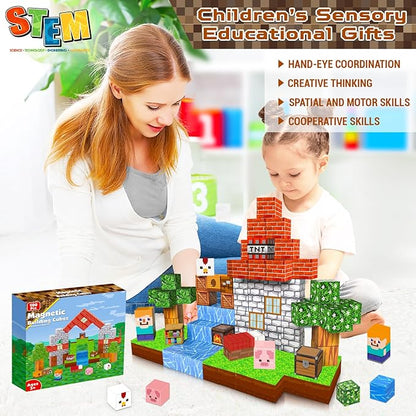 Magnetic Blocks-100PCS Grassland Building Blocks Set, Kids Classroom Sensory Toy, STEM Learning, Construction Stacking Toy for Kids 3+ Boys & Girls