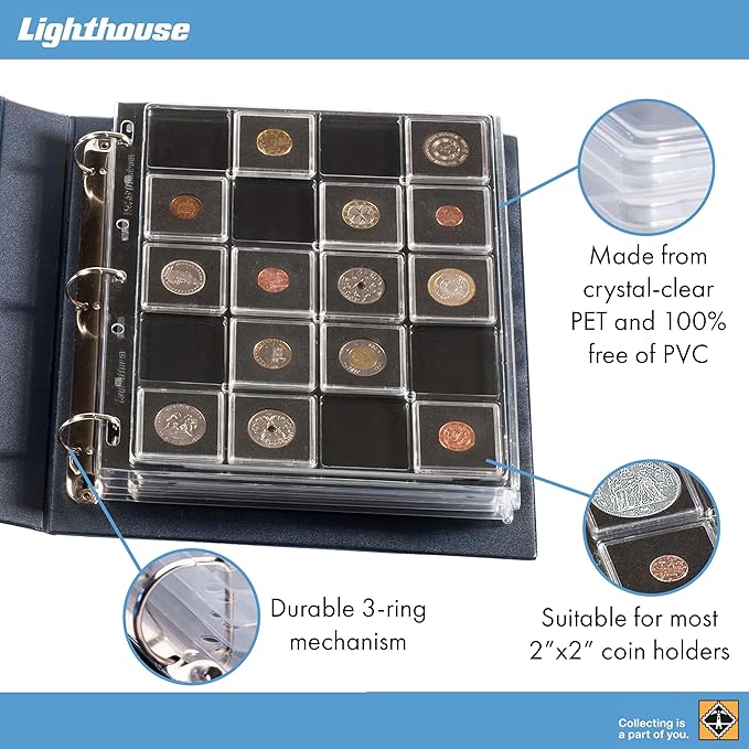 Lighthouse - Coin Album Set with ENCAP 5 Pages for Quadrum Snaplocks, Fits 100 2"x2" Coin Holders with Matching Slipcase - Blue