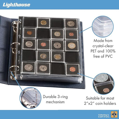 Lighthouse - Coin Album Set with ENCAP 5 Pages for Quadrum Snaplocks, Fits 100 2"x2" Coin Holders with Matching Slipcase - Blue