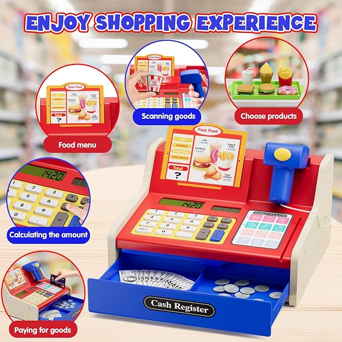 Wooden Cash Register for Kids with Real Calculator, Rechargeable Cash Register Toy with Scanner/Play Money/Food/Credit Card/Menu, Pretend Play Toys Gifts for Boys Girls Ages 3-8, Blue