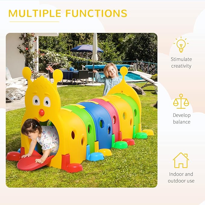Qaba Caterpillar Tunnel, Toddler Tunnel for Kids Crawl and Climb Through, Kids' Play Structure Indoor Outdoor, 6 Sections, Multicolored