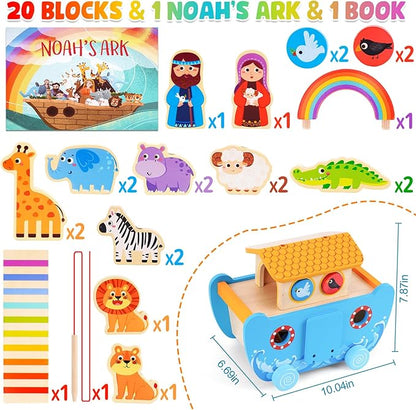 Toddlers Noah's Ark Toys with Wooden Animal Shape Sorters, Baptism Gifts for Girls Boys 2 3 4 Years Old, Montessori Educational Toys for Toddlers, Bible Story Book for Kids Ages 2-4