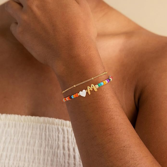 Colorful Initial Bracelets for Women Girls - 14K Gold Plated Heart Initial Letter Daint A-Z Charm Bracelet Summer Jewelry Teen Girl Gifts for Teen Kids