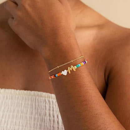Colorful Initial Bracelets for Women Girls - 14K Gold Plated Heart Initial Letter Daint A-Z Charm Bracelet Summer Jewelry Teen Girl Gifts for Teen Kids