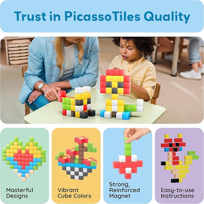 PicassoTiles 102pcs Pixel Magnetic Puzzle Cube 1” Pixel Mix & Match Toys with Ideabook STEM Education Learning Building Block Magnets Construction ToySet Stacking Creative Kit for Kids Age 3+ PMC102