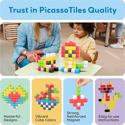 PicassoTiles 102pcs Pixel Magnetic Puzzle Cube 1” Pixel Mix & Match Toys with Ideabook STEM Education Learning Building Block Magnets Construction ToySet Stacking Creative Kit for Kids Age 3+ PMC102