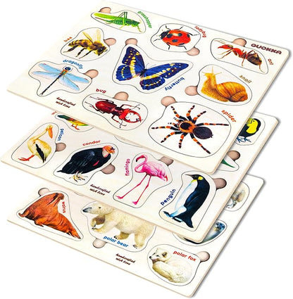 QUOKKA Wooden Puzzles for Toddlers 1-3 – 3xSET Kids Puzzles Ages 2-4 – Montessori Toy Puzzle for Toddlers 3-5 – Wood Toy Learning Realistic Insects - Arctic Animals - Birds for Boy and Girl