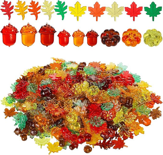 Frienda 400 Pieces Acrylic Fall Vase Filler Mini Pumpkins Leaves Maple Acorns Sensory Bin Filler for DIY Crafts Home Decoration Thanksgiving and Autumn Table Centerpieces