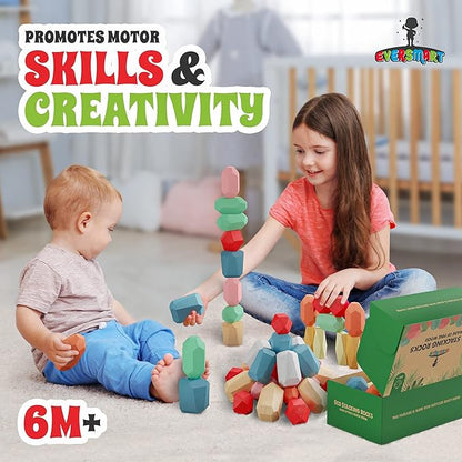 36 Pcs Wooden Stacking Blocks – Montessori Toys for 1 2 3 4 5 6 Year Old Toddlers and Kids, XL Rocks, No Choking Hazard – Sensory STEM Building Stones, for Girls and Boys