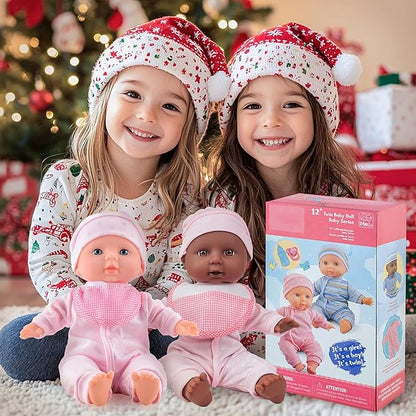 Toy Choi's Twin Baby Dolls - 12 inch Two Soft Body Black and White Doll with Accessoires, Dolls Play Set for 2 3 4 5 Year Old Boys and Girls Gift | Pink Outfit Doll Set