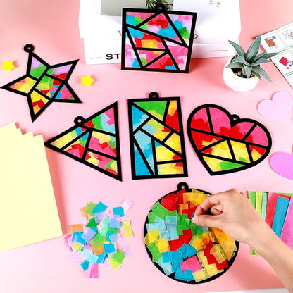 Qyeahkj 36 Set Geometric Shapes Suncatcher Crafts for Kids DIY Star Window Tissue Paper Craft Kit Triangle Heart Hanging Decor for Summer School Home Activity Art Project Birthday Party Favor Gift