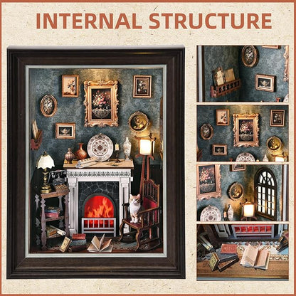 Book Nook Kit - 3D Wooden Puzzle with LED Switch Control & Wall-Mountable Frame，DIY Miniature House for Beginners，Bookshelf/Tabletop/Wall Decor for Craft Lovers，Dollhouse Gift,Fireplace