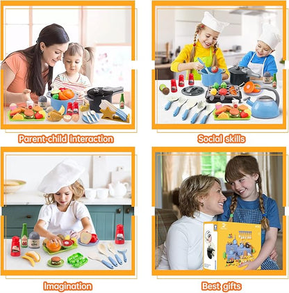 105Pcs Kids Kitchen Toy Accessories, Toddler Pretend BBQ Camping Cooking Playset, Play Pots, Pans, Utensils Cookware Toys, Play Food Set, Vegetables, Learning Gift for Girls Boys