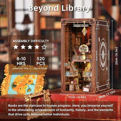 DIY Book Nook Kit, DIY Miniature Dollhouse Booknook Kit, 3D Wooden Puzzle Bookend Bookshelf Insert Decor with LED Light for Teens and Adults (Beyond Library)