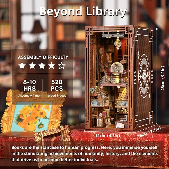 Book Nook Kit, DIY Miniature Dollhouse Library House Kit for Adult and Teens, 3D Wooden Puzzle Bookends Bookshelf with Sensor Led Light (Beyond Library)