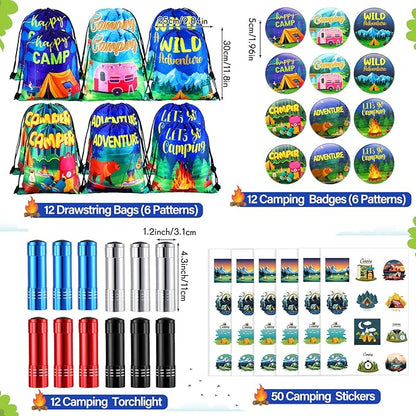 Zhanmai 140 Pcs Fall Camping Party Favors Gifts Silicone Bracelets Stickers Camping Keychain Badge Camouflage Pencils Spiral Camp Adventure Theme Notepads Happy Drawstring Bags Mini Flashlight for Kid