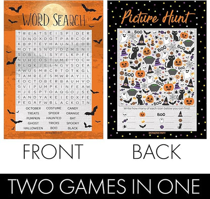 DISTINCTIVS Halloween Party Games – Word Search and Picture Match 2 Game Bundle, 25 Dual-Sided Cards for Kids, Adults, Classrooms, and Fall Events