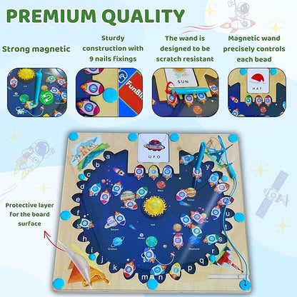 Magnetic Alphabet Maze Board, Montessori Wooden Kids Toys for Ages 3-5, Travel Puzzle Toy, Develop Fine Motor Skills, Ideal Gift for Toddlers (Space)