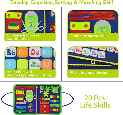 Dinosaur Montessori Learning Toy for Toddlers Ages 3-5 Years, Busy Sensory Board with Educational Activities, Travel-Friendly Developmental Skills Toy
