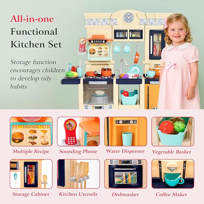 [2025 Upgraded] Kitchen for Kids & Toddlers Play Kitchen Set with Tablet Ordering, Music, Lights & Sounds, Steam Stove & Boiling Bubbles, Oven Dings, Faucet & Dishwasher,Easy-Install,Life Skills(Blue)