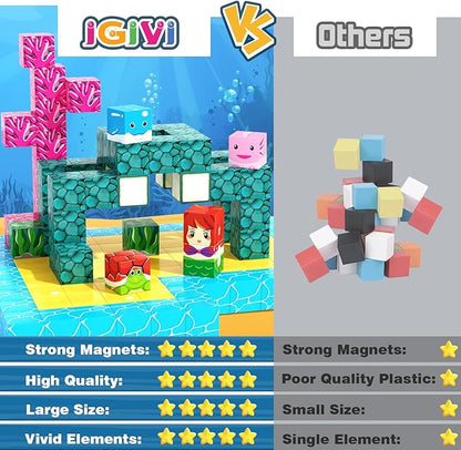Magnetic Blocks - Build Mine Magnet World Ocean Set, Magnets Building Toys for Kids Ages 3-5 4-8, STEM Montessori Sensory Toys for Toddler 3+ Year Old Girls Boys, Classroom Must Haves Supplies