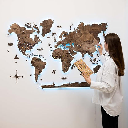 Enjoy The Wood 3D Wood World Map LED 3.0 Wall Art Modern Home Decor Gifts LED Lighting Wall Decor Housewarming Gift (Dark Walnut)