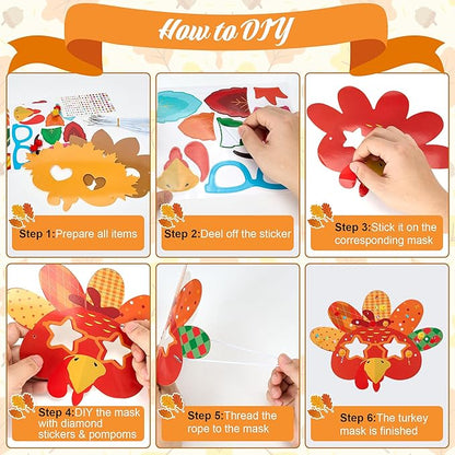Bafeil 24 Sets Thanksgiving Turkey Masks Craft Kits DIY Turkey Face Mask Paper Art Craft Kit with Diamond Sticker for Fall Harvest Thanksgiving Party Favor Art Project Family Classroom Activity