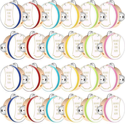 24 Set 4 Inch Tambourine for Adults Wooden Hand Held Drum with Metal Jingles, Gift Tags, White I Love You Printed Ribbon Percussion Gift Musical Instrument for Church Wedding Party(Colorful)